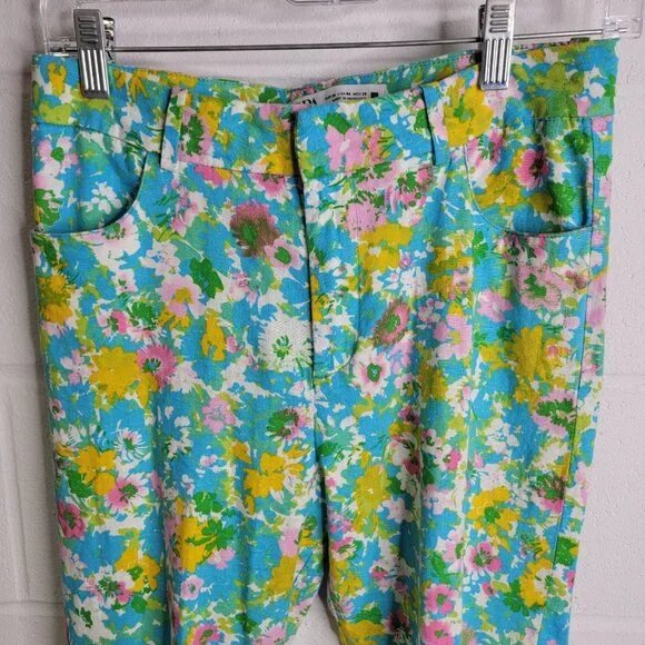 Zara Linen Blend Floral Cropped Flare Pants Size 6 Vacation Beach Cruise Summer - Picture 4 of 9